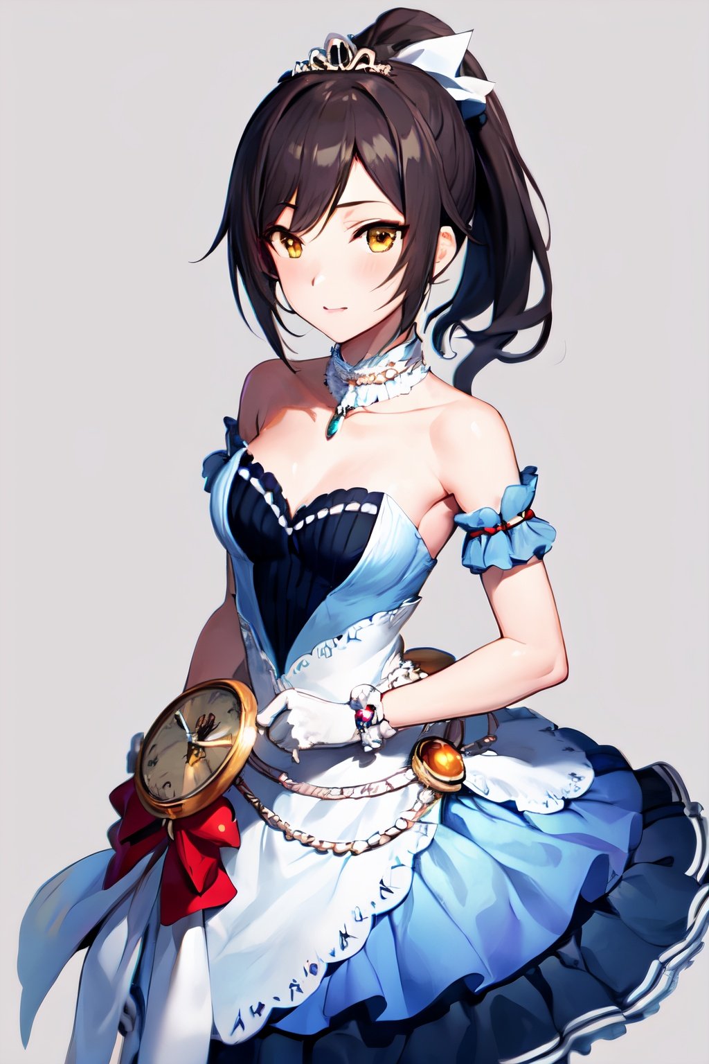 masterpiece, best quality, highres, ssb, sakuya, yellow eyes, ponytail, dress, gloves, pendant watch, tiara, bare shoulders, jewelery