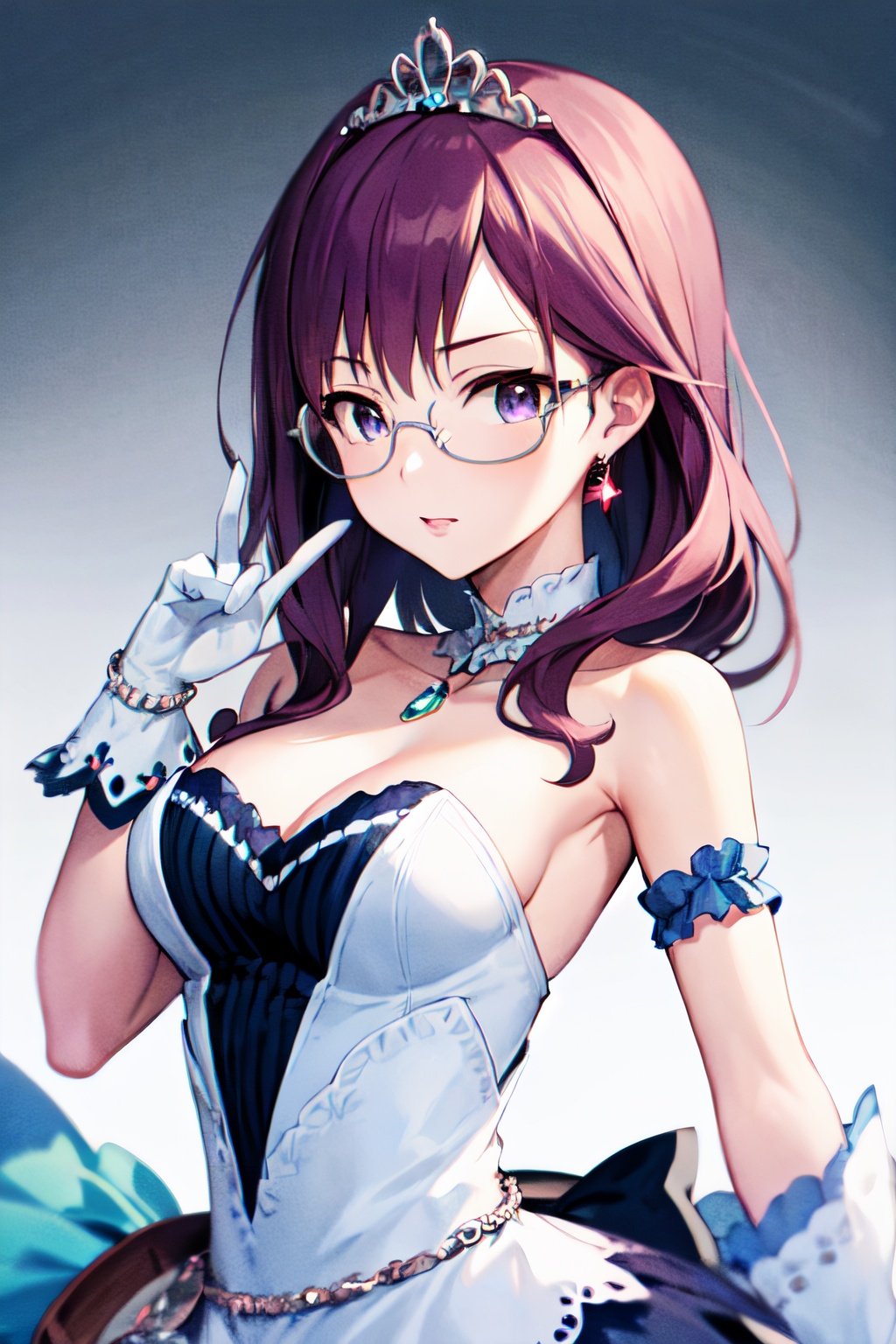 masterpiece, best quality, highres, ssb, dress, gloves, pendant watch, tiara, bare shoulders, jewelery, makino, purple hair, purple eyes, glasses