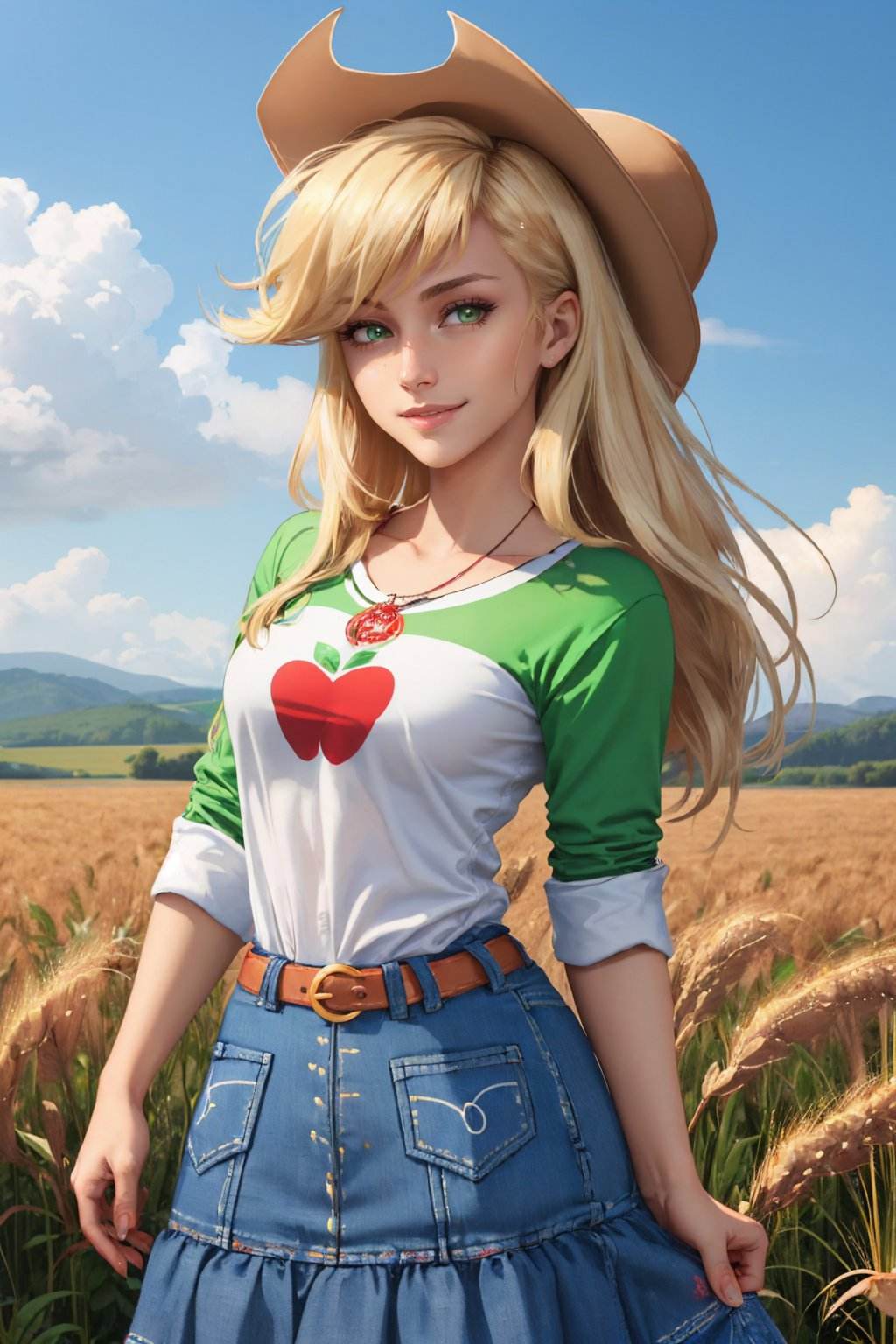 (masterpiece, best quality:1.2), <lyco:mlp_applejack-10:1.0>, cowboy shot, solo, 1girl, mlpapplejack, smile, looking at viewer, low-tied long hair, cowboy hat, shirt, denim skirt, belt, wheat field