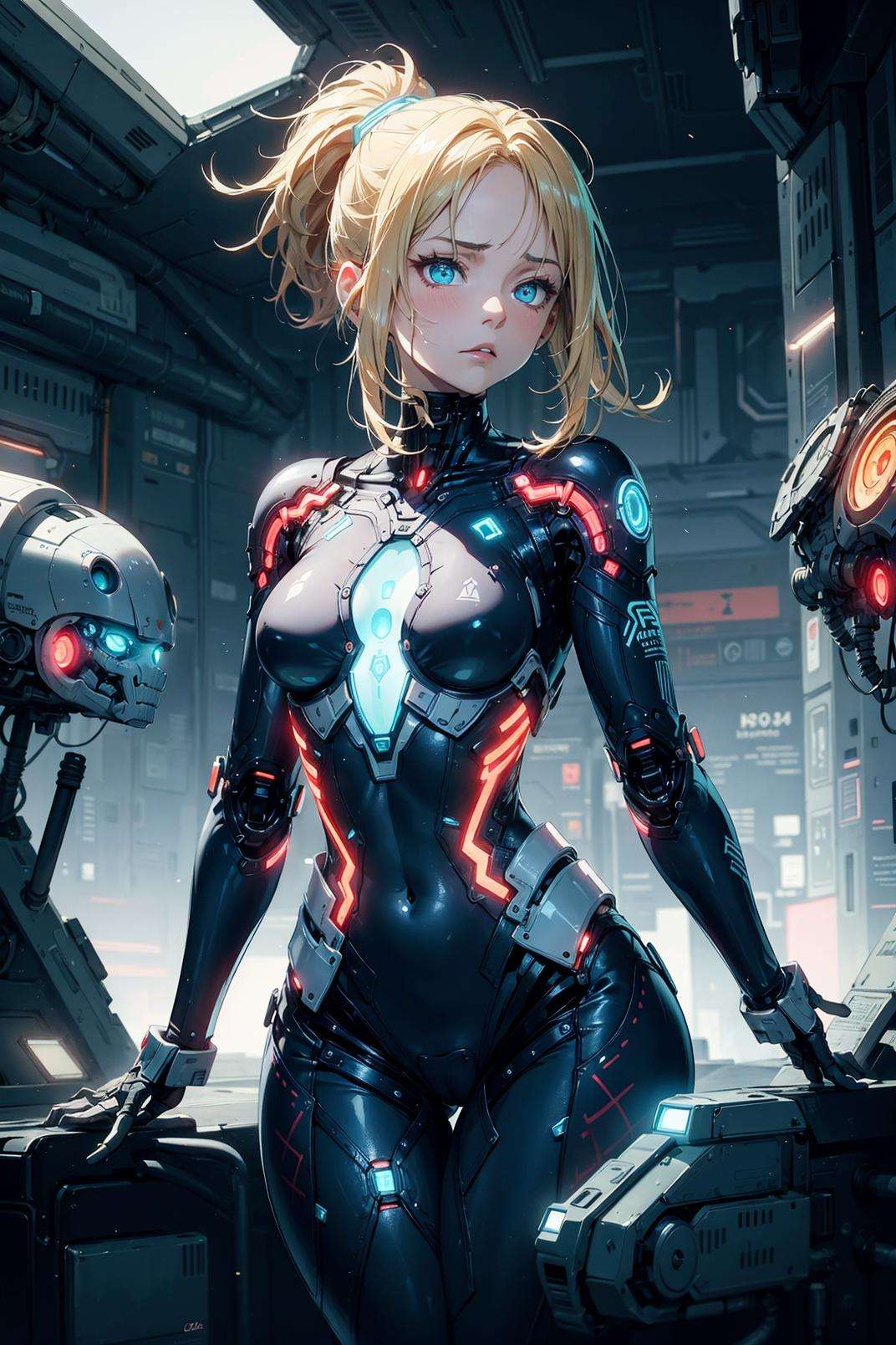 masterpiece, best quality, intricately detailed, dramatic lighting, (1girl, disappointed, blonde, single ponytail, android, synthetic skin, (glowing organs:1.2)), translucent skin, blue bodysuit, cowboy shot, looking at viewer, sitting, thigh gap, dynamic angle, dark spaceship interior, <lora:mecha_v1:0.6> 