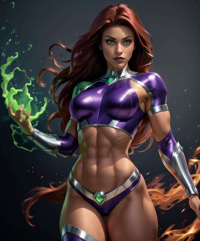 woman in her 20s, (tan skin), (strarfire), (perfect face), defined jawline, (beautiful bright green eyes), beautiful black lips, , long messy flowing red hair, (perfect anatomy), (athletic body), thick thighs, (sexy), abs, (perfect hands), (purple superhero outfit), (silver trimming on outfit), metal arm guards, green gems, exposed midriff, (power pose), looking at viewer, (medium shot photograph), (dark studio background), photorealistic
