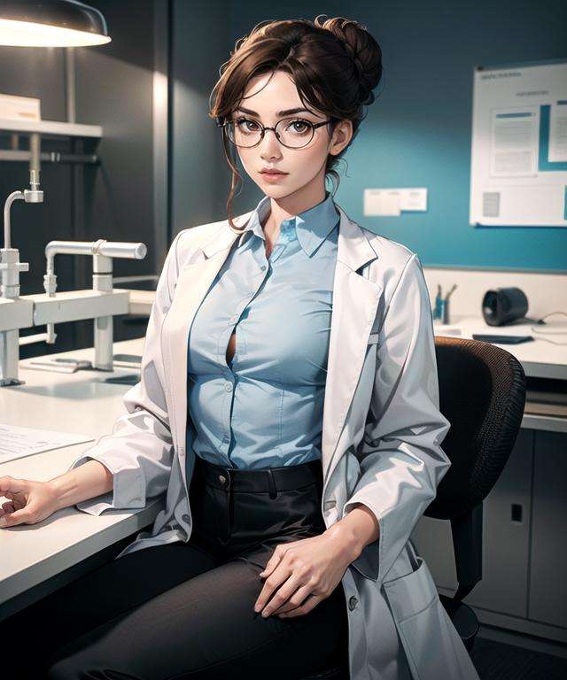 woman in her 20s, (perfect face), defined jawline, (beautiful brown eyes), beautiful lips, (brown hairbun hairstyle), (perfect hands), (light blue buttoned shirt under white lab coat:1.2), (black pants:1.2), (thin round -frame eyeglasses), (sitting on office chair), looking at viewer, (medium shot photograph), (laboratory background), realistic