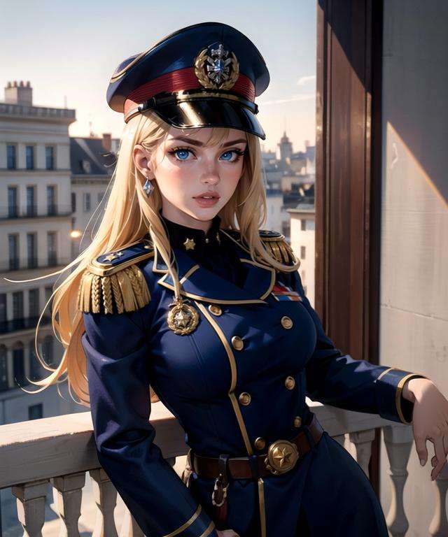 woman in her 20s, (perfect face), defined jawline, beautiful lips, (beautiful bright blue eyes), (long flowing blonde hair), (navy blue military officer uniform), (gold trimming in outfit), brown leather belt with gold buckle, (war medals on her chest), (military officer cap), (leaning on an open balcony), warm lighting, looking at viewer, (medium shot photograph), (European city capitol background), realistic