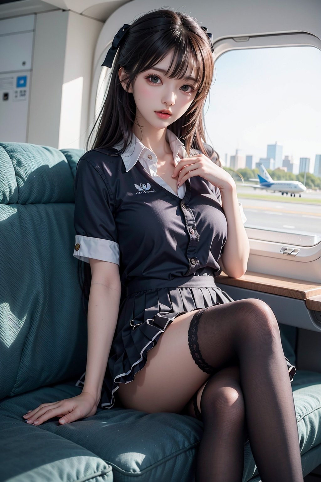 a girl is sitting on the sofa in the airport lounge,window,luggage,aircraft,crossed legs,black_thighhighs,pleated_skirt,shirt,