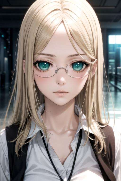 masterpiece, best quality, movie still, 1girl, solo, looking at viewer, upper body, depth of field, , realistic, <lora:nobara_yukinokouji:0.72>, nobara_yukinokouji, blonde hair, green eyes, , glasses, , sci-fi,