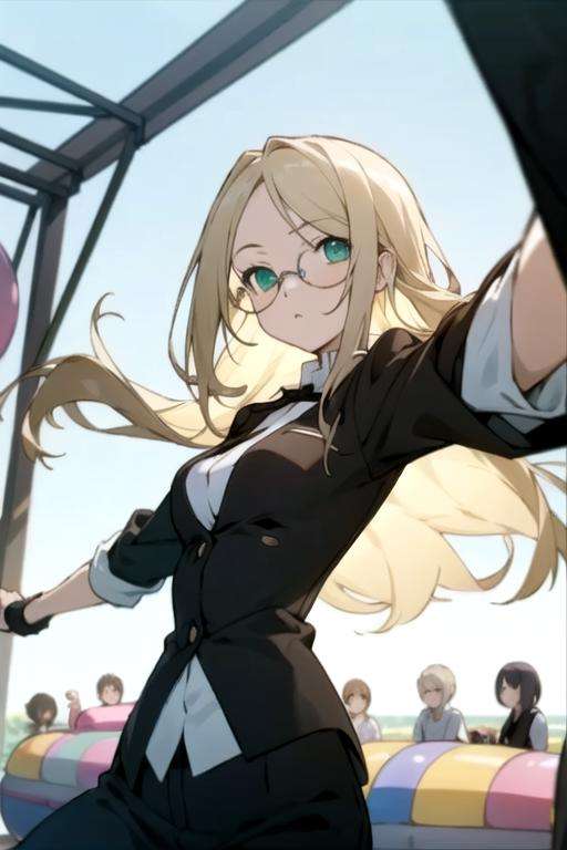 masterpiece, best quality, movie still, 1girl, solo, looking at viewer, , depth of field, , , <lora:nobara_yukinokouji:0.74>, nobara_yukinokouji, blonde hair, green eyes, long hair, glasses, luxury clothing, , bouncy castle,