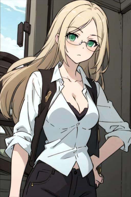 masterpiece, best quality, sketch, 1girl, solo, looking at viewer, upper body, , , , <lora:nobara_yukinokouji:0.74>, nobara_yukinokouji, blonde hair, green eyes, long hair, glasses, pants, , atompunk,