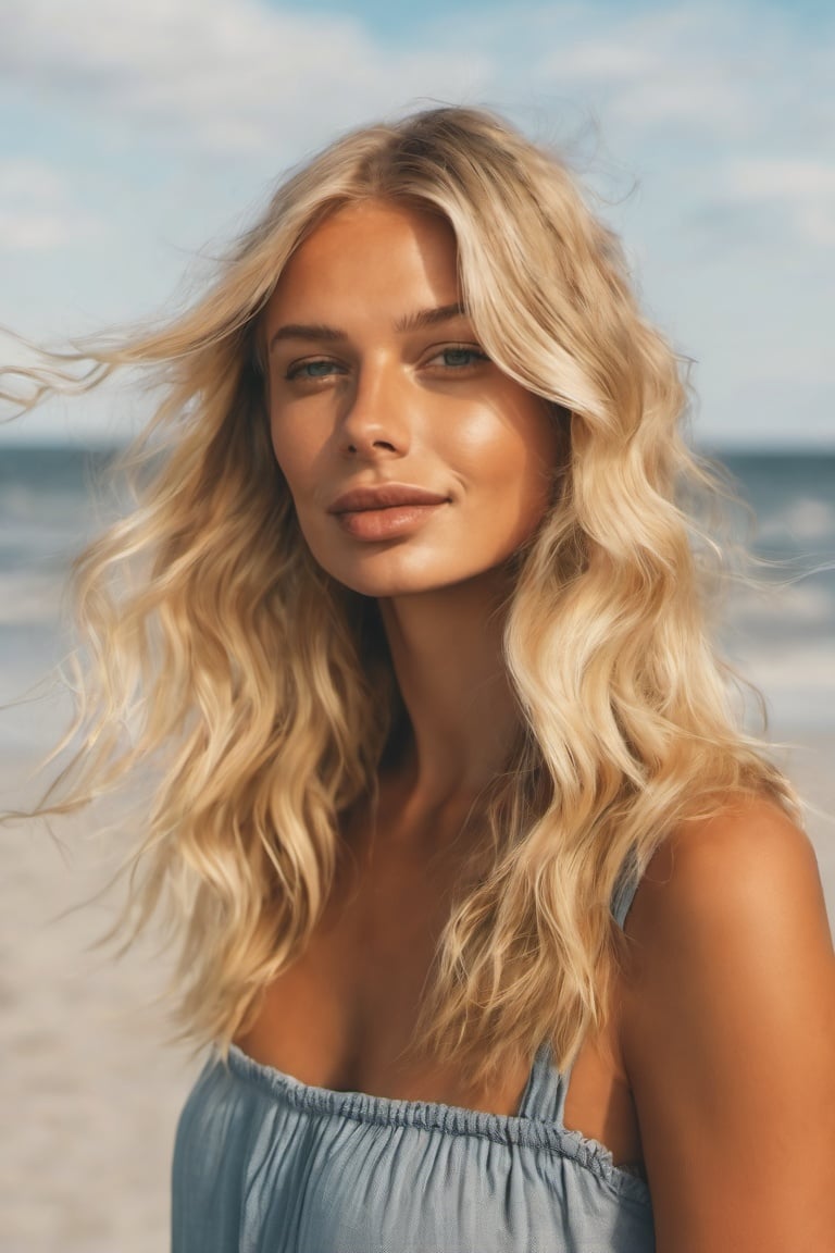 Photo of beautiful blonde at the beach , medium shot 