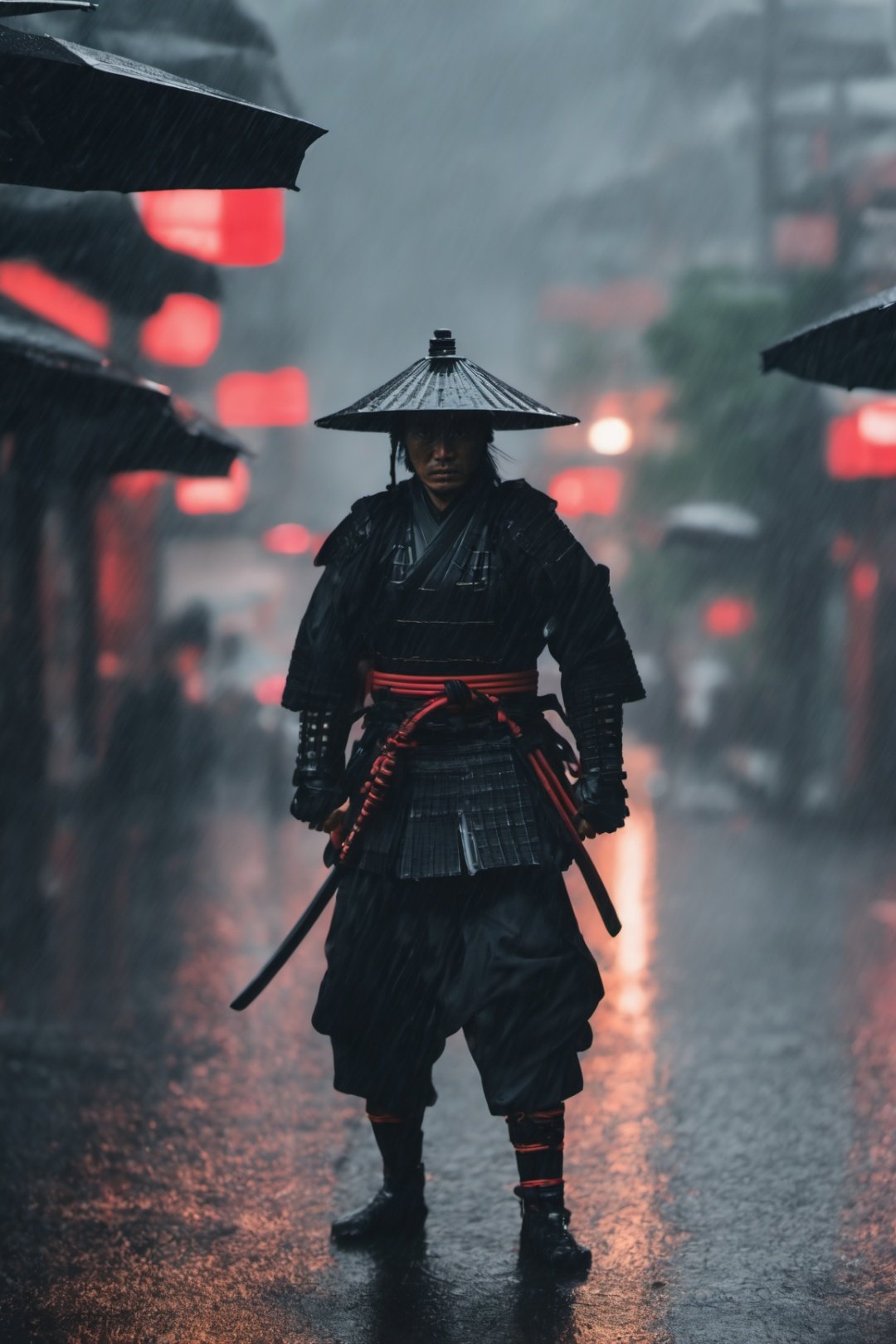 RAW Photo of samurai under the rain 