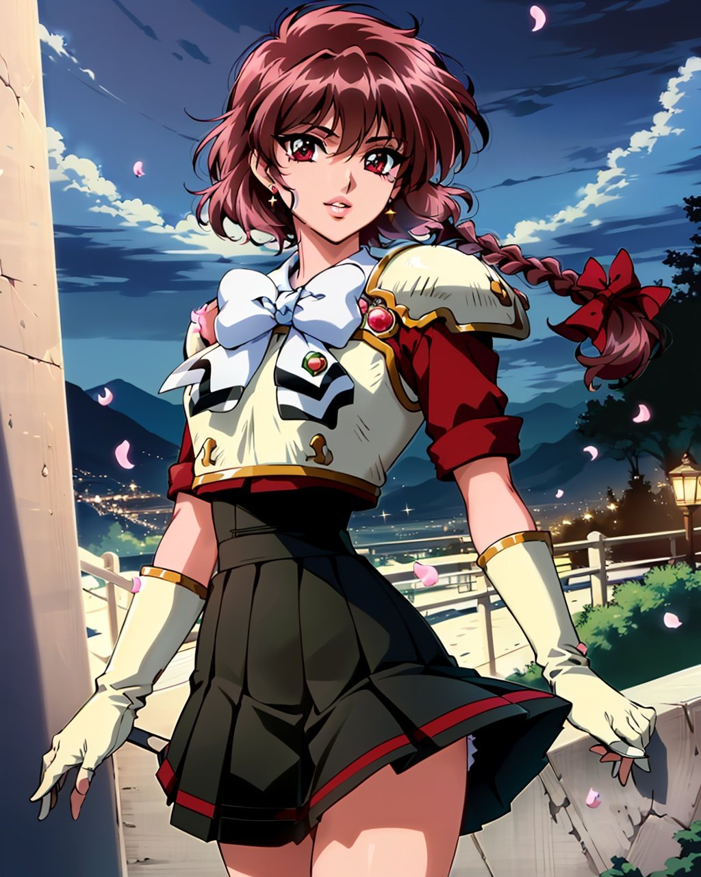 <lora:HIKARU-13:0.75>, (masterpiece, best quality:1.4), absurdres, best illustration, (Traditional Media:1.4), Manga, (dynamic_angle:1.2), (dynamic_pose:1.2), [anime visual], official art, concept art, hikaru_rayearth, sots art, 2d, solo, (retro artstyle), (ultra-detailed), (best quality, highest quality), (ultra detailed), (barbariank:0.6), (8k resolution:1.2), intricate, (single braid:1.3),(school uniform, chestplate, bowtie, shoulder armor, red shirt, black skirt, gloves, arm guards, knee boots:1.2), (sharp focus:1.0), (depth of field), (blurry background), (RAW photo:1.1), (Cowboy-shot:1.3), (upper body), full body, (neoartcore), (50mm), (highly detailed:1.2), (detailed face:1.2), (tomanattsu:0.3), (outline:1.2), (shiny), adult, (mature female:1.3), beautiful, heroic, looking at viewer,  gorgeous, ((lips)), long face, (nose), curvy, makeup, glossy lipstick, focus face, perfect female anatomy, venus body, hair bow, elaborate, [ethereal], rim lighting, sparkle, translucent, aged up, star print, red eyes, red hair, earrings, hair ornaments, sidelocks, disheveled hair, (detailed eyes, deep eyes:1.2), (beautiful detailed eyes), light smile, medium breasts, flower, scenery, (best shadow), outdoors,  (night:1.1), falling petals ,(soft lighting), vibrant, space, particles, <lora:neoartcoreStyleLora_offset:0.2>