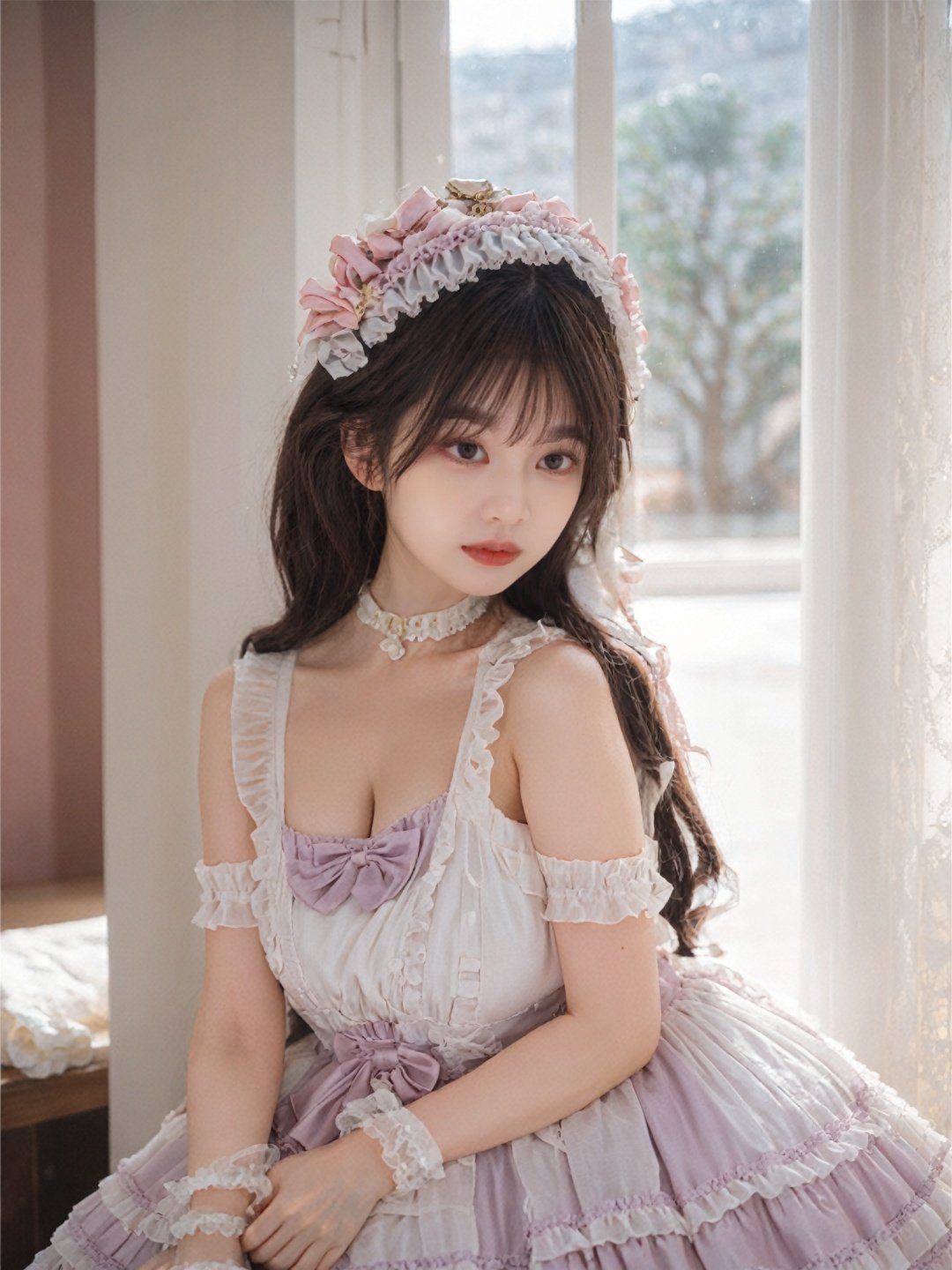 1girl, high and light, grainy, indifferent, hazy, gentle, erotic,trendy,best quality,(\ba chong shen zi\),(\lolita\),upper_body,cleavage,big breasts,looking_at_viewer,(\lolita\)