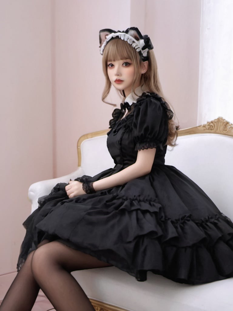 1girl,realistic,black dress,(\lolita\),sitting,upper_body, Pantyhose