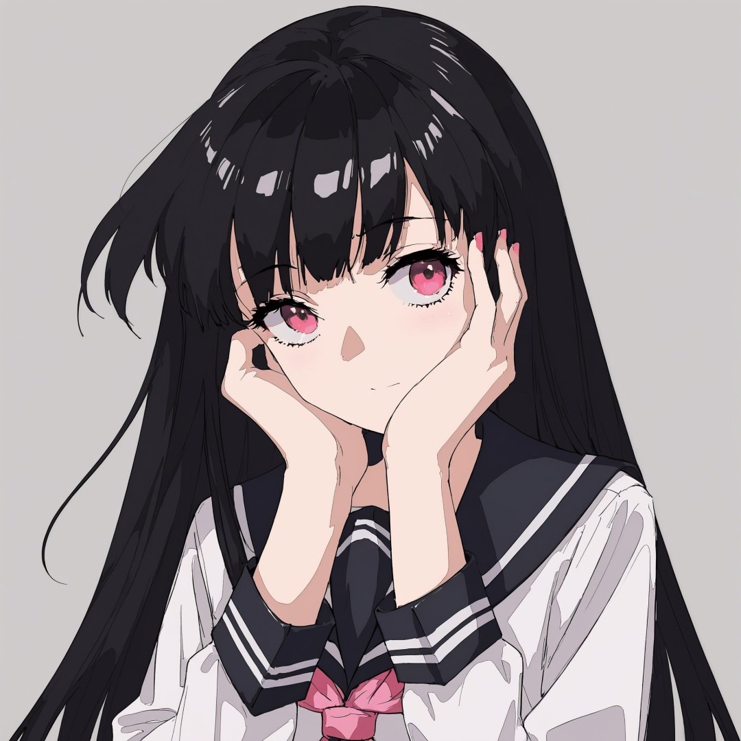 by dino,jiaocha, 1girl, solo, long hair, red neckerchief, black hair, neckerchief, simple background, school uniform, grey background, sailor collar, serafuku, upper body, looking at viewer, long sleeves, black sailor collar, hand on own face, shirt, pink eyes, head tilt, white shirt, bangs, closed mouth