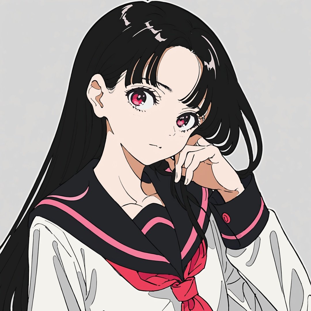 by yoneyama mai,jiaocha, 1girl, solo, long hair, red neckerchief, black hair, neckerchief, simple background, school uniform, grey background, sailor collar, serafuku, upper body, looking at viewer, long sleeves, black sailor collar, hand on own face, shirt, pink eyes, head tilt, white shirt, bangs, closed mouth