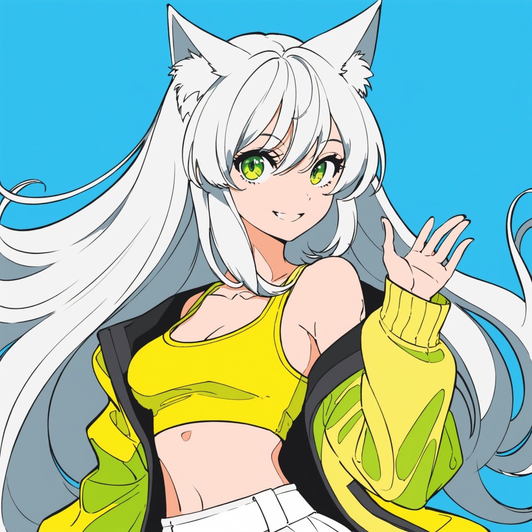 by yoneyama mai,highres,detailed,best quality,masterpiece,illustration,wallpaper,1girl, solo, green eyes, smile, :d, long hair, white hair, animal ears, animal ear fluff, eyebrows visible through hair, medium breasts, navel, bare shoulders, yellow jacket, off shoulder, crop top, midriff, yellow skirt, hand up, waving, cropped legs, simple background, blue background