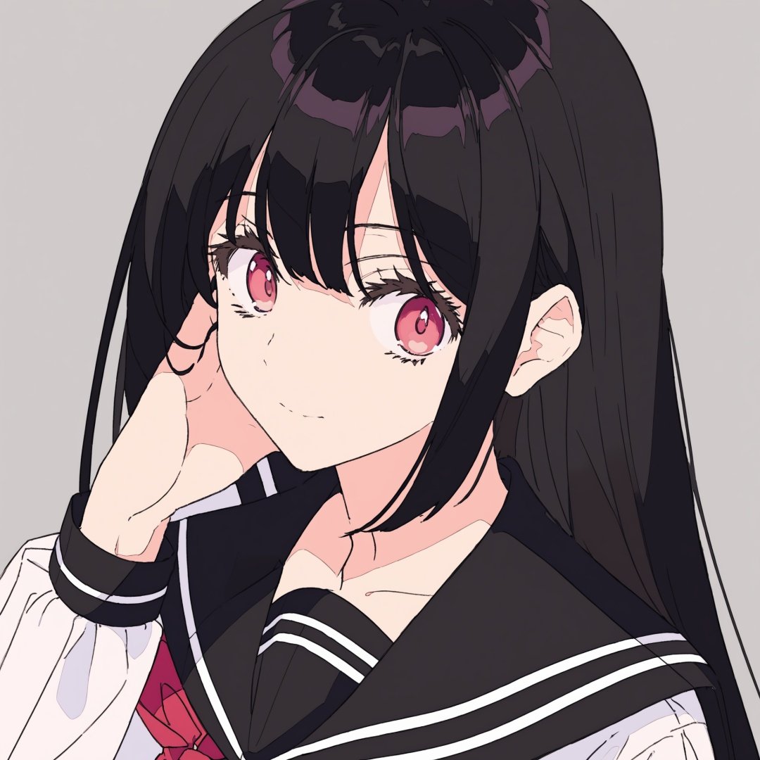 by noco,jiaocha, 1girl, solo, long hair, red neckerchief, black hair, neckerchief, simple background, school uniform, grey background, sailor collar, serafuku, upper body, looking at viewer, long sleeves, black sailor collar, hand on own face, shirt, pink eyes, head tilt, white shirt, bangs, closed mouth