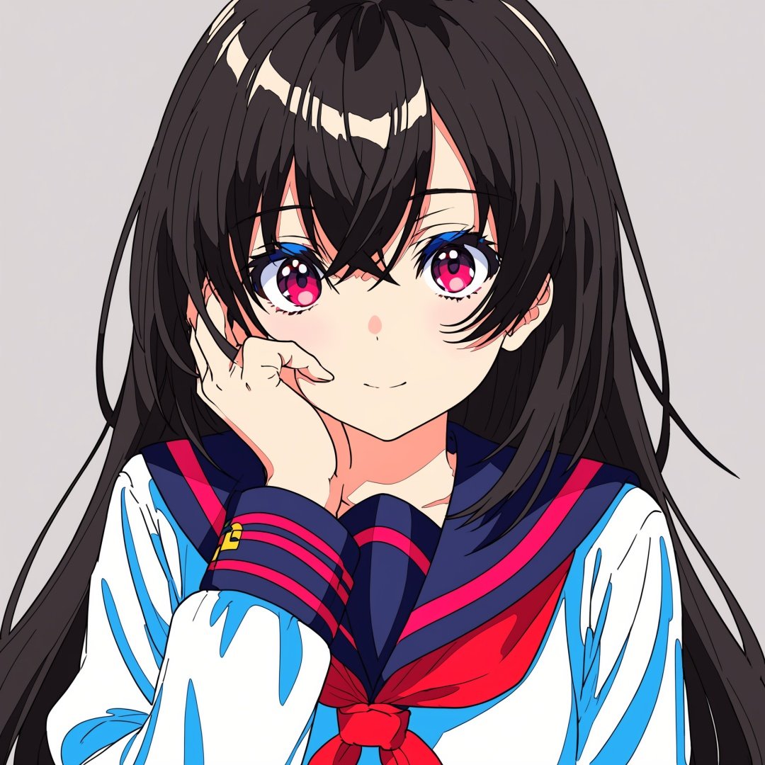 by mika pikazo, 1girl, solo, long hair, red neckerchief, black hair, neckerchief, simple background, school uniform, grey background, sailor collar, serafuku, upper body, looking at viewer, long sleeves, black sailor collar, hand on own face, shirt, pink eyes, head tilt, white shirt, bangs, closed mouth