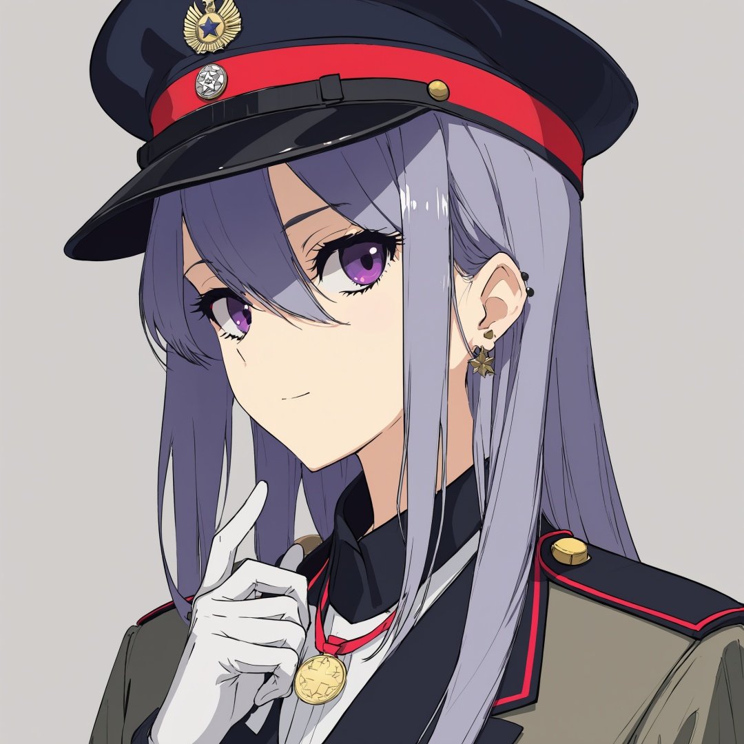 by dino,jiaocha, 1girl, solo, hat, purple eyes, mole under eye, mole, long hair, gloves, white gloves, earrings, jewelry, looking at viewer, simple background, closed mouth, hair between eyes, upper body, uniform, military hat, virtual youtuber, grey background, military, bangs, higuchi kaede, peaked cap, grey hair, military uniform, hand up, jacket, buttons, black headwear, stud earrings, badge, bandages, shaded face, blue headwear, blue hair, purple hair, ear piercing, long sleeves, sidelocks, portrait, medal