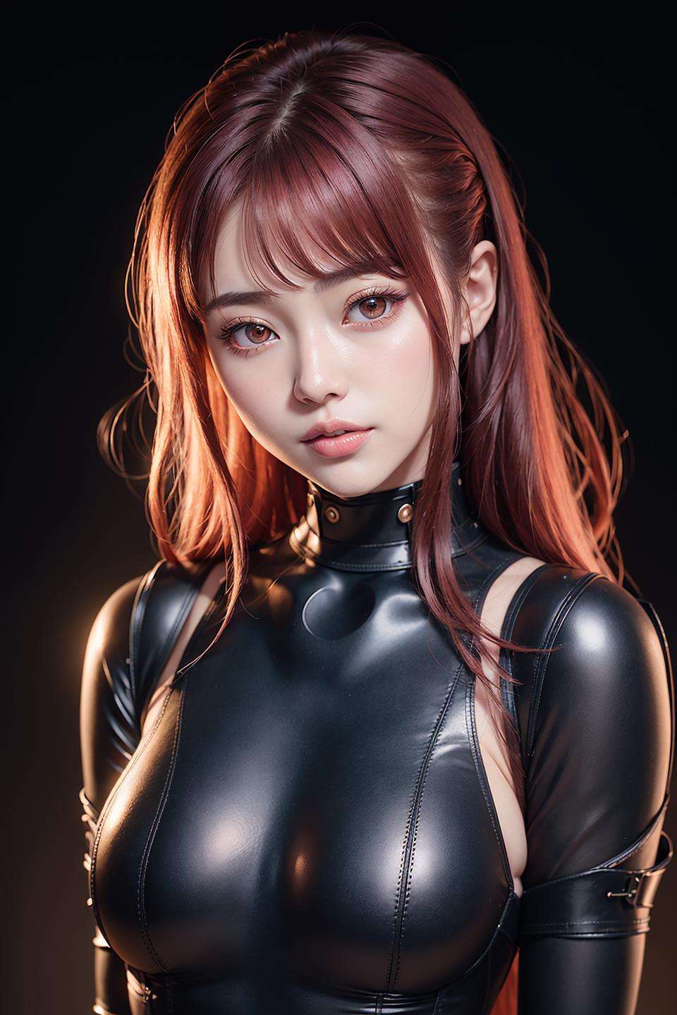 1girl, star eye, blush, perfect illumination, distinct, bishoujo, unreal engine, sidelighting, (bright skin:1.2), ulzzang-6500-v1.1, soft smile, upper body, ((dark red hair)), (simple background), (dark background), (depth of field), black bodysuit, bodysuit, close-up