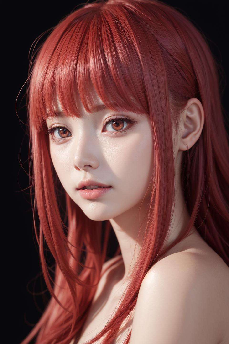 1girl, star eye, blush, perfect illumination, red hair, red eyes, unreal engine, sidelighting, detailed face, bangs, bright skin, simple background, dark background, <lora:makimaChainsawMan_v10:0.35>