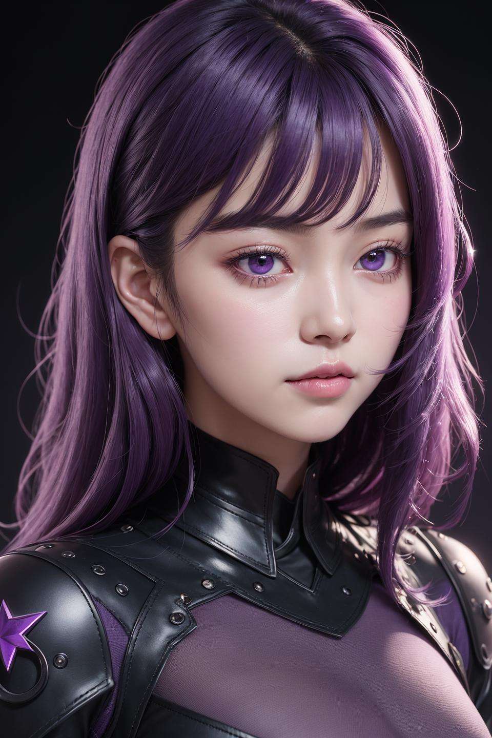 1girl, star eye, blush, perfect illumination, distinct, unreal engine, sidelighting, (bright skin:1.1), ulzzang-6500-v1.1, soft smile, (face focus:1.1), ((dark purple hair)), (simple background), (dark background), (depth of field), bodysuit, close-up