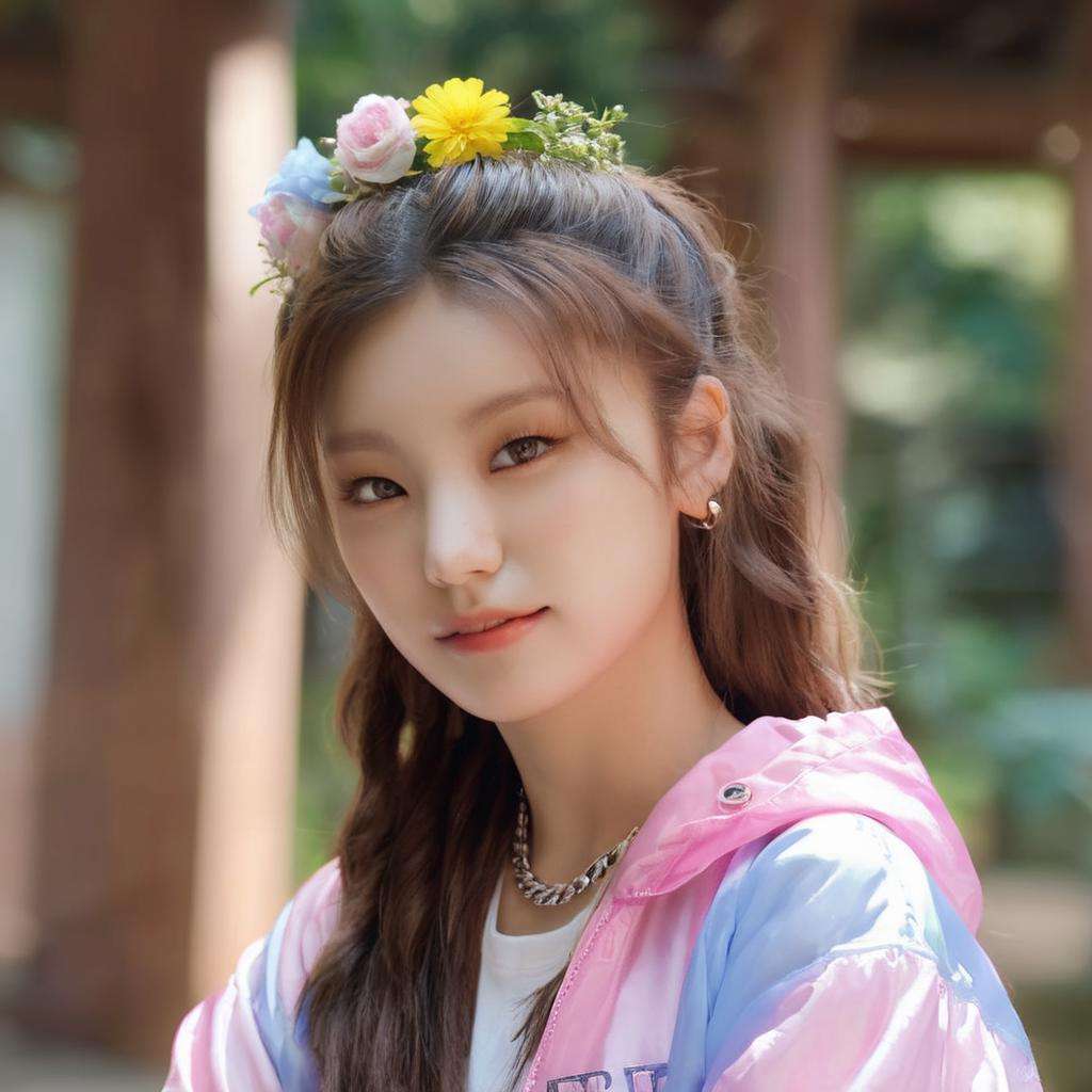 yeji, a woman, (upper body:1.2), 1girl, (looking at viewer:1.3), (schoolgirl jacket), (flower crown), (simple background), natural skin color, (closed mouth:1.2), (medium breast), floating hair, beautiful expression, face detailed, eyes detailed, iris detailed, masterpiece, best quality, photorealistic, hyper realistic, ultra detailed, perfect lighting, depth of field, shadows, highres, <lora:yeji-000011:1>