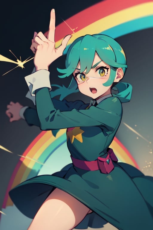 sgannie, action_pose, rainbow, rainbow_explodion, green_dress