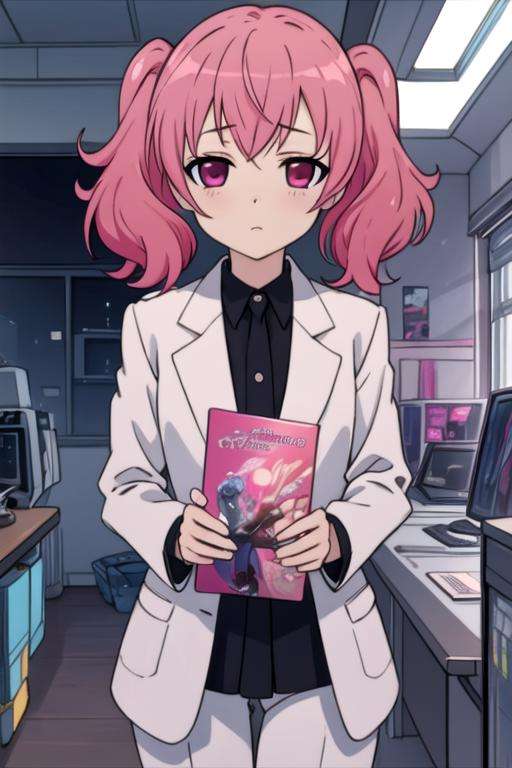 masterpiece, best quality, game cg, 1girl, solo, looking at viewer, , depth of field, , , <lora:karuta_roromiya:0.70>, karuta_roromiya, pink hair, pink eyes, , suit, wimple, science fiction cyber-thriller, Blu-ray