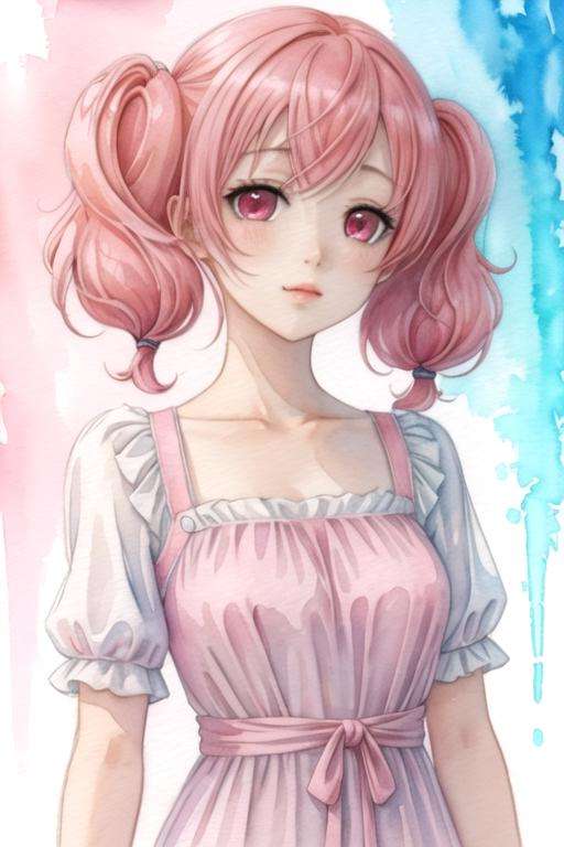 masterpiece, best quality, sketch, 1girl, solo, looking at viewer, , , (watercolor illustration, soft pastel colors:1.1), , <lora:karuta_roromiya:0.66>, karuta_roromiya, pink hair, pink eyes, twintails, maxi dress, , science fiction xenopunk, High definition