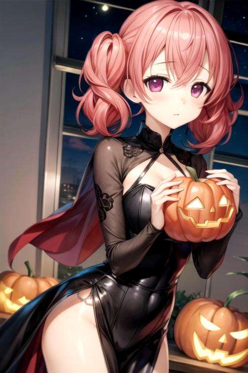 masterpiece, best quality, wallpaper, 1girl, solo, looking at viewer, , , , , <lora:karuta_roromiya:0.66>, karuta_roromiya, pink hair, pink eyes, , jack-o-lantern costume, science fiction soft science fiction, Blu-ray