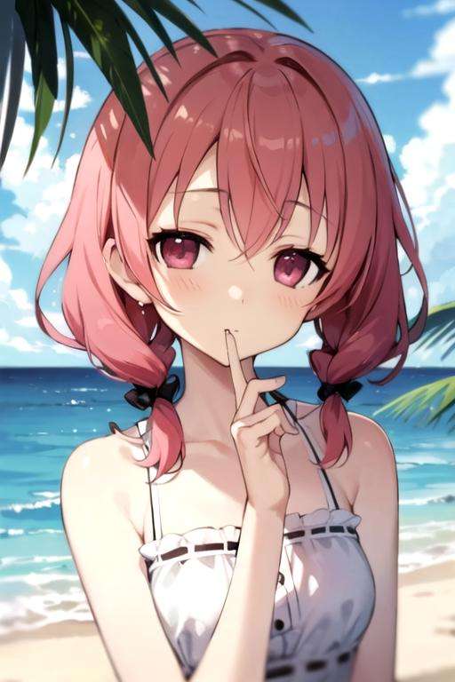 masterpiece, best quality, wallpaper, 1girl, solo, looking at viewer, upper body, depth of field, , , <lora:karuta_roromiya:0.72>, karuta_roromiya, pink hair, pink eyes, , , , A tropical paradise where the sun shines brightly every day, HD