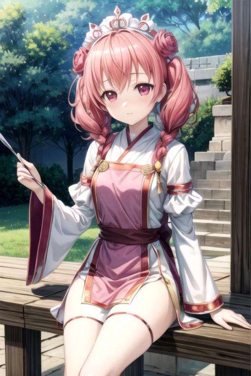 masterpiece, best quality, game cg, 1girl, solo, looking at viewer, , , anime coloring, , <lora:karuta_roromiya:0.72>, karuta_roromiya, pink hair, pink eyes, , greek costume, A magical kingdom where everything is perfect and everyone is happy,