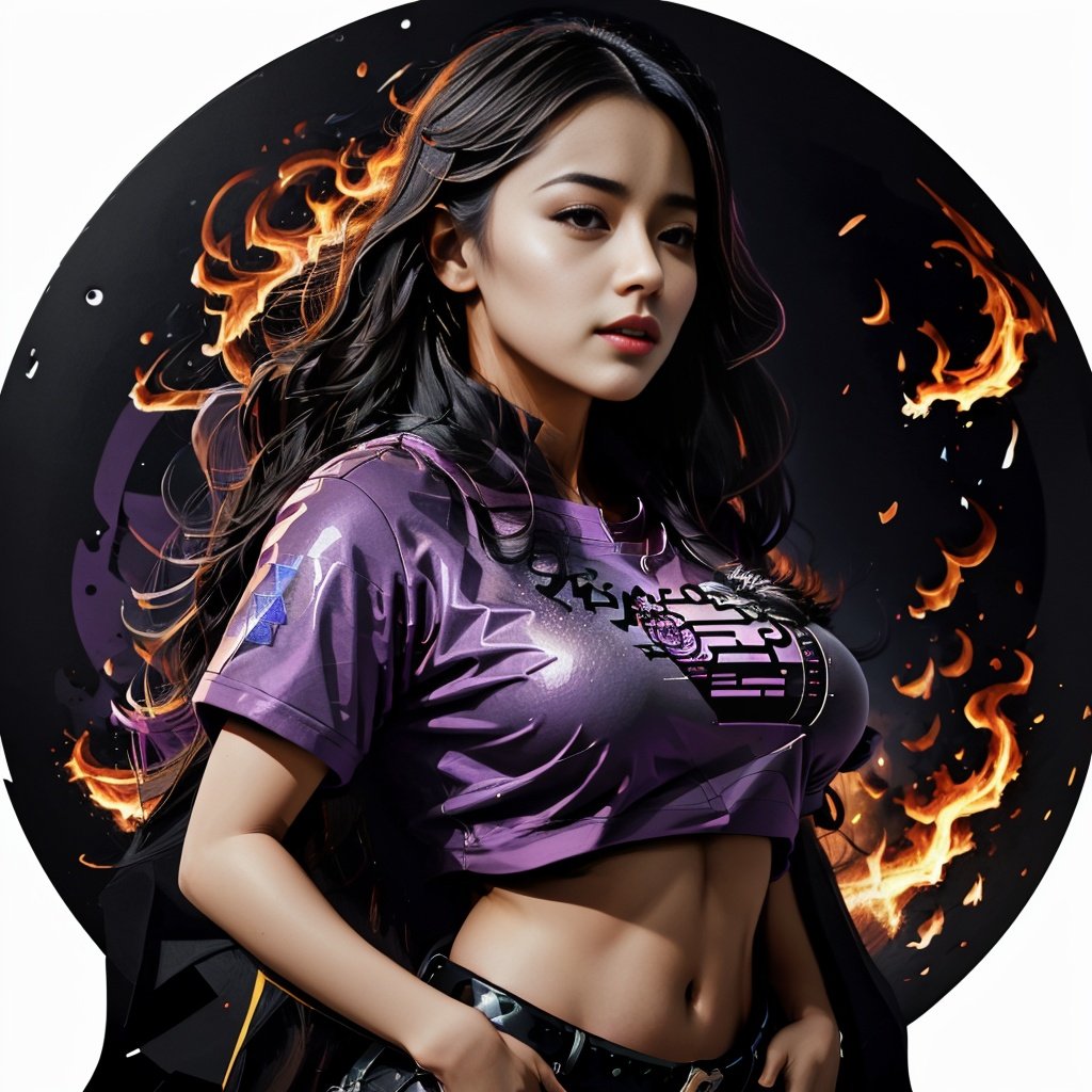 xyzsanart01, 1girl, purple shirt, big breasts , fire <lora:xyzsanart01-10:1>