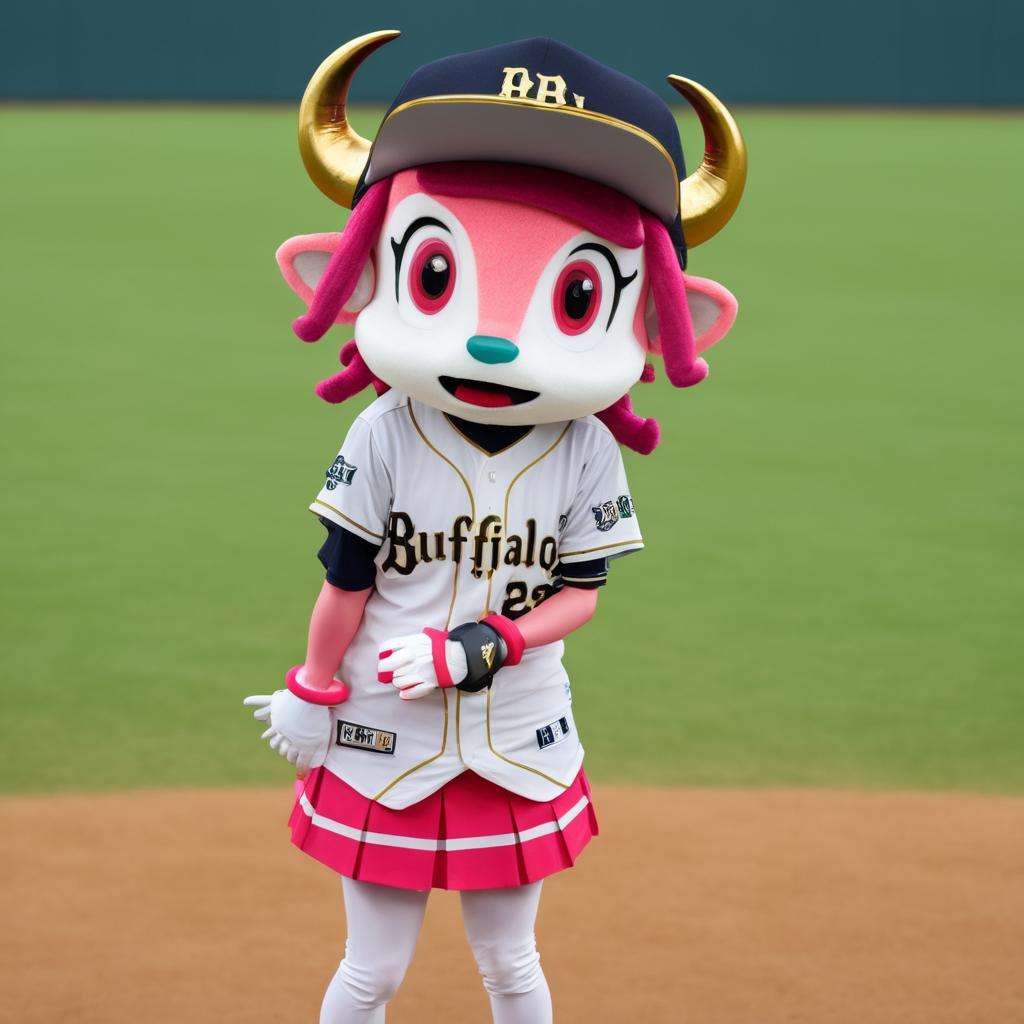 best quality, ultra-detailed, illustration, Buffalo_BELL, mascot, 1girl, skirt, solo, pink eyes, hat, pink hair, clothes writing, baseball cap, gloves, pleated skirt, horns, baseball uniform, sportswear, looking at viewer, white gloves, miniskirt, open mouth, bow, standing, striped skirt, short hair, realistic, photo background, photo (medium), baseball uniform <lora:buffalobell_SDXL_V1:1>