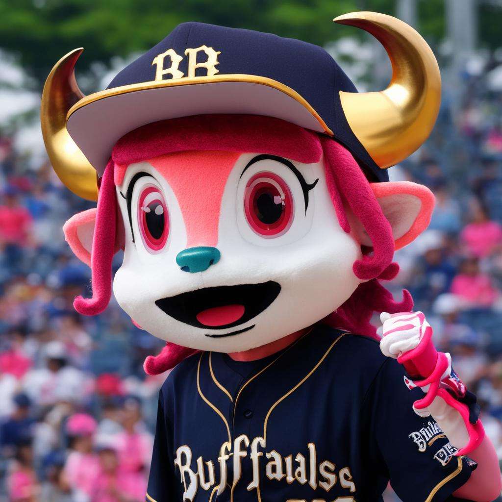 best quality, ultra-detailed, illustration, Buffalo_BELL, mascot, horns, pink hair, pink eyes, 1girl, hat, baseball uniform, open mouth, baseball cap, sportswear, solo, smile, clothes writing, furry, blurry background, photo background, blurry, :d, upper body, realistic, photo background, photo (medium), baseball uniform <lora:buffalobell_SDXL_V1:1>