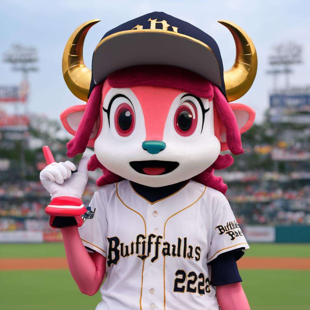 best quality, ultra-detailed, illustration, Buffalo_BELL, mascot, horns, pink hair, pink eyes, 1girl, hat, baseball uniform, open mouth, baseball cap, sportswear, solo, smile, clothes writing, furry, blurry background, photo background, blurry, :d, upper body, realistic, photo background, photo (medium), baseball uniform <lora:buffalobell_SDXL_V1:1>