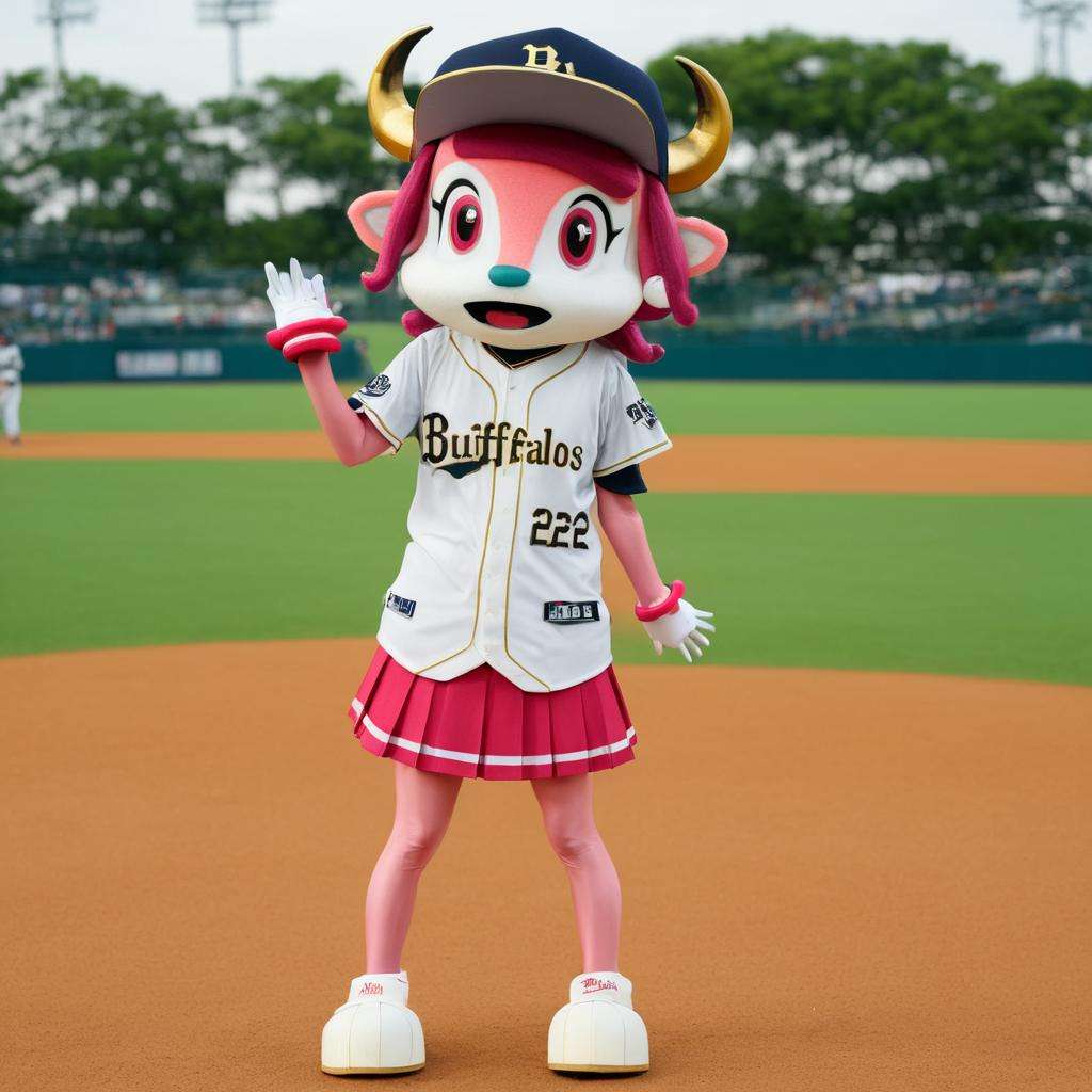 best quality, ultra-detailed, illustration, Buffalo_BELL, mascot, 1girl, skirt, solo, pink eyes, hat, pink hair, clothes writing, baseball cap, gloves, pleated skirt, horns, baseball uniform, sportswear, looking at viewer, white gloves, miniskirt, open mouth, bow, standing, striped skirt, short hair, realistic, photo background, photo (medium), baseball uniform <lora:buffalobell_SDXL_V1:1>