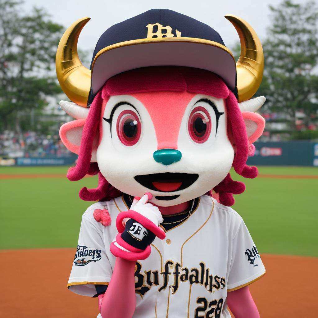 best quality, ultra-detailed, illustration, Buffalo_BELL, mascot, horns, pink hair, pink eyes, 1girl, hat, baseball uniform, open mouth, baseball cap, sportswear, solo, smile, clothes writing, furry, blurry background, photo background, blurry, :d, upper body, realistic, photo background, photo (medium), baseball uniform <lora:buffalobell_SDXL_V1:1>