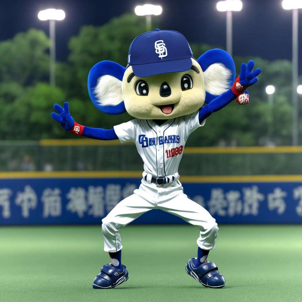 best quality, ultra-detailed, illustration, doalaH, mascot, male focus, baseball uniform, full body, blue footwear, blurry background, open mouth, baseball cap, standing, smile, clothes writing, arm up, black eyes, blurry, white pants, realistic, photo background, photo (medium), belt <lora:doala_home_SDXL_V1:1>