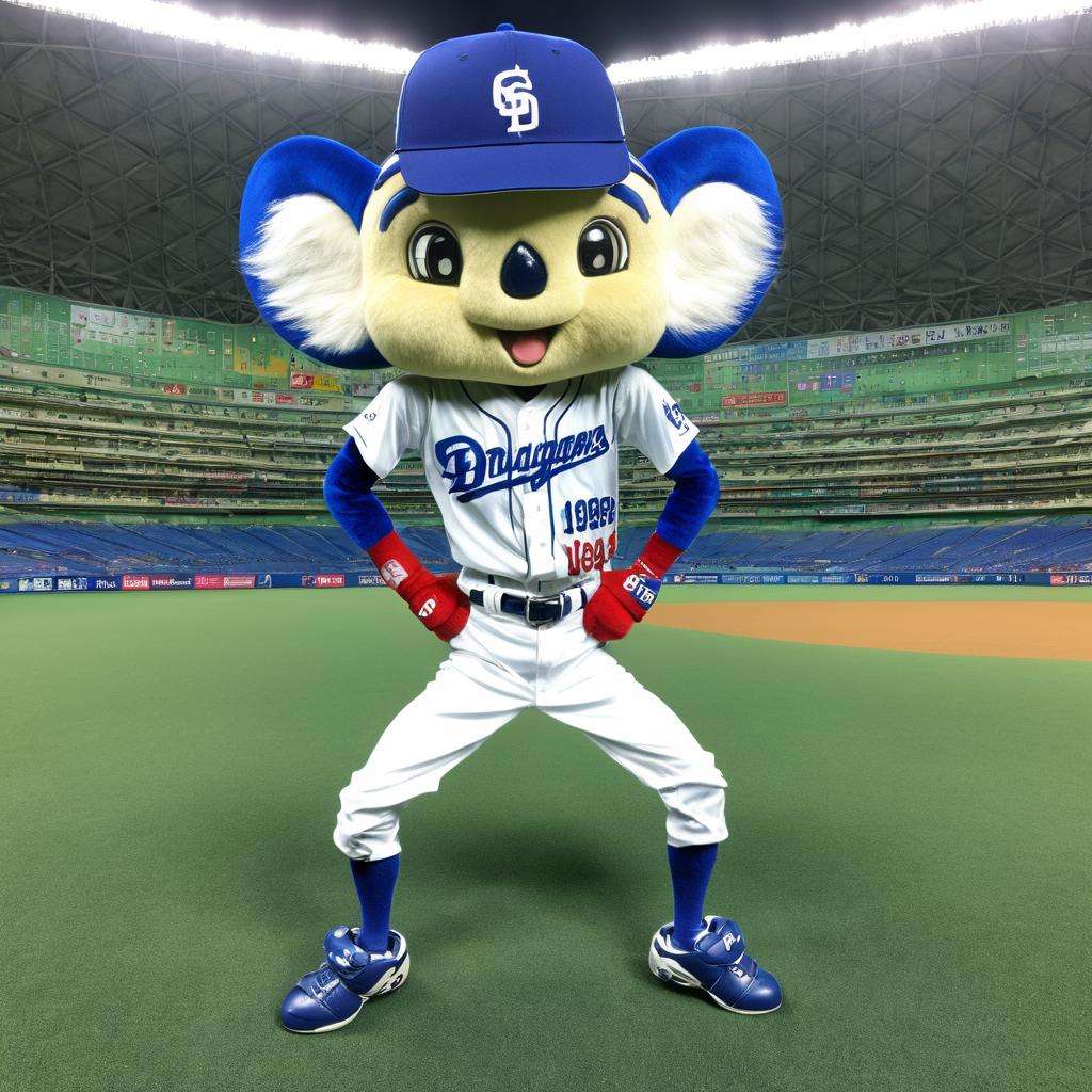 best quality, ultra-detailed, illustration, doalaH, baseball uniform, mascot, stadium, male focus, clothes writing, baseball cap, blue footwear, open mouth, standing, full body, smile, clenched hand, realistic, photo background, photo (medium), belt, white pants <lora:doala_home_SDXL_V1:1>