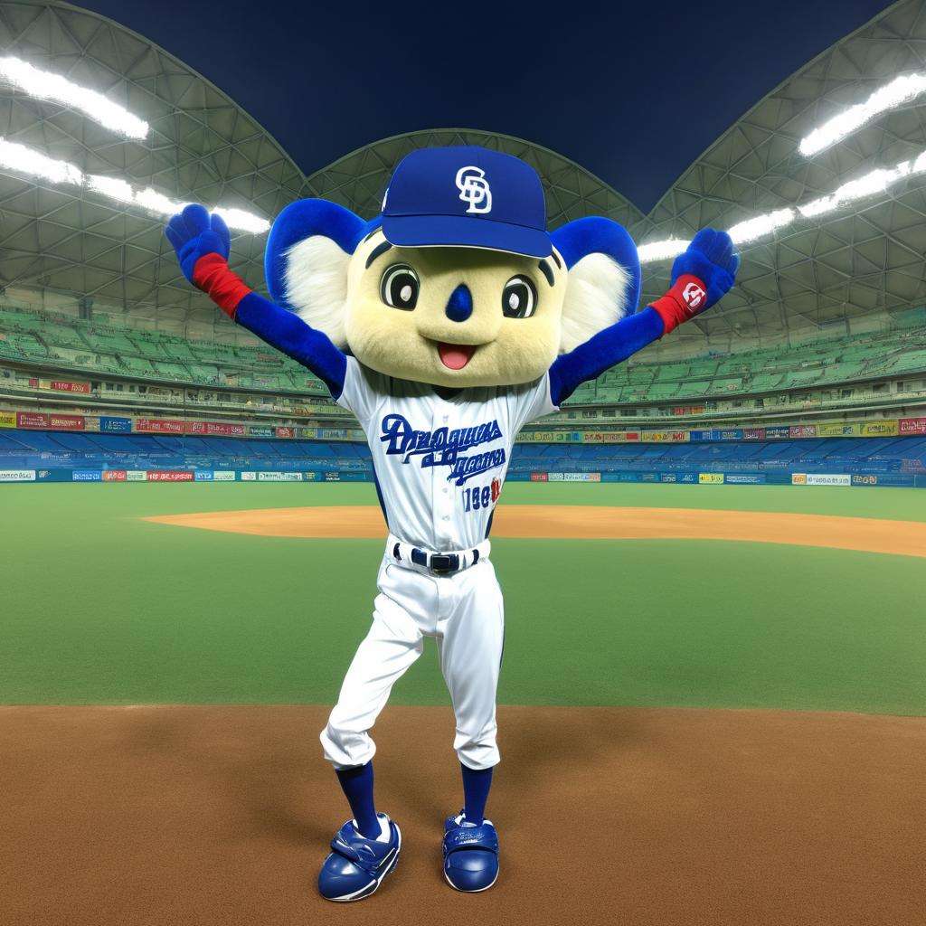 best quality, ultra-detailed, illustration, doalaH, baseball uniform, mascot, stadium, male focus, clothes writing, baseball cap, blue footwear, open mouth, standing, full body, smile, clenched hand, realistic, photo background, photo (medium), belt, white pants <lora:doala_home_SDXL_V1:1>