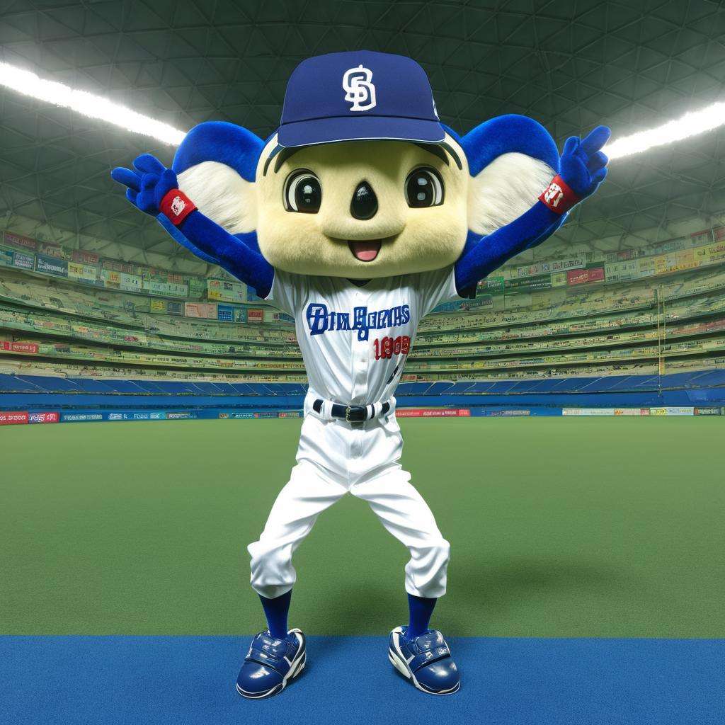 best quality, ultra-detailed, illustration, doalaH, baseball uniform, mascot, stadium, male focus, clothes writing, baseball cap, blue footwear, open mouth, standing, full body, smile, clenched hand, realistic, photo background, photo (medium), belt, white pants <lora:doala_home_SDXL_V1:1>