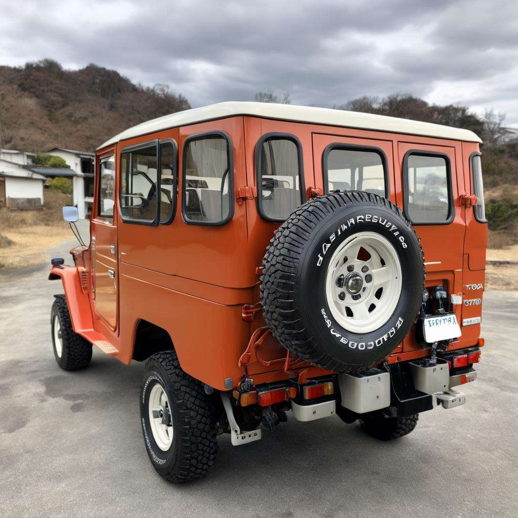 best quality, ultra-detailed, illustration,LandCruiser40, toyota, japan, ground vehicle, vehicle focus, motor vehicle, wheel, shadow, realistic, photo background, from behind<lora:LandCruiser40_SDXL_V2:1>