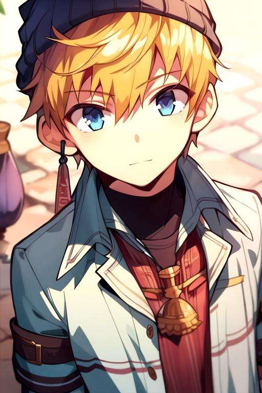 masterpiece, best quality, game cg, 1boy, solo, male focus, looking at viewer, , depth of field, , realistic, <lora:kou_minamoto:0.70>, kou_minamoto, blonde hair, blue eyes, , bobble hat, atompunk,