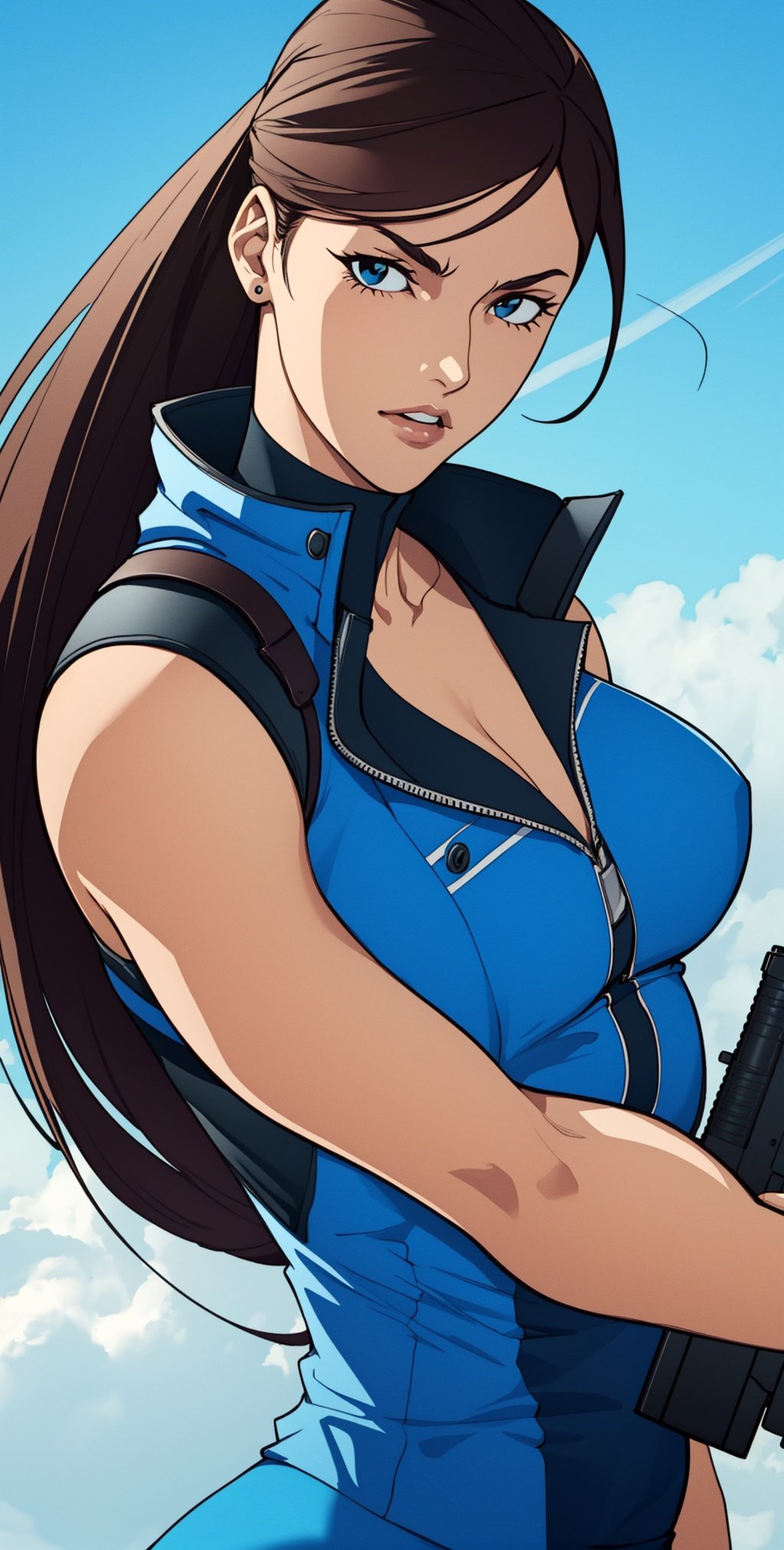 jill valentine looking at viewer aiming gun,upper body