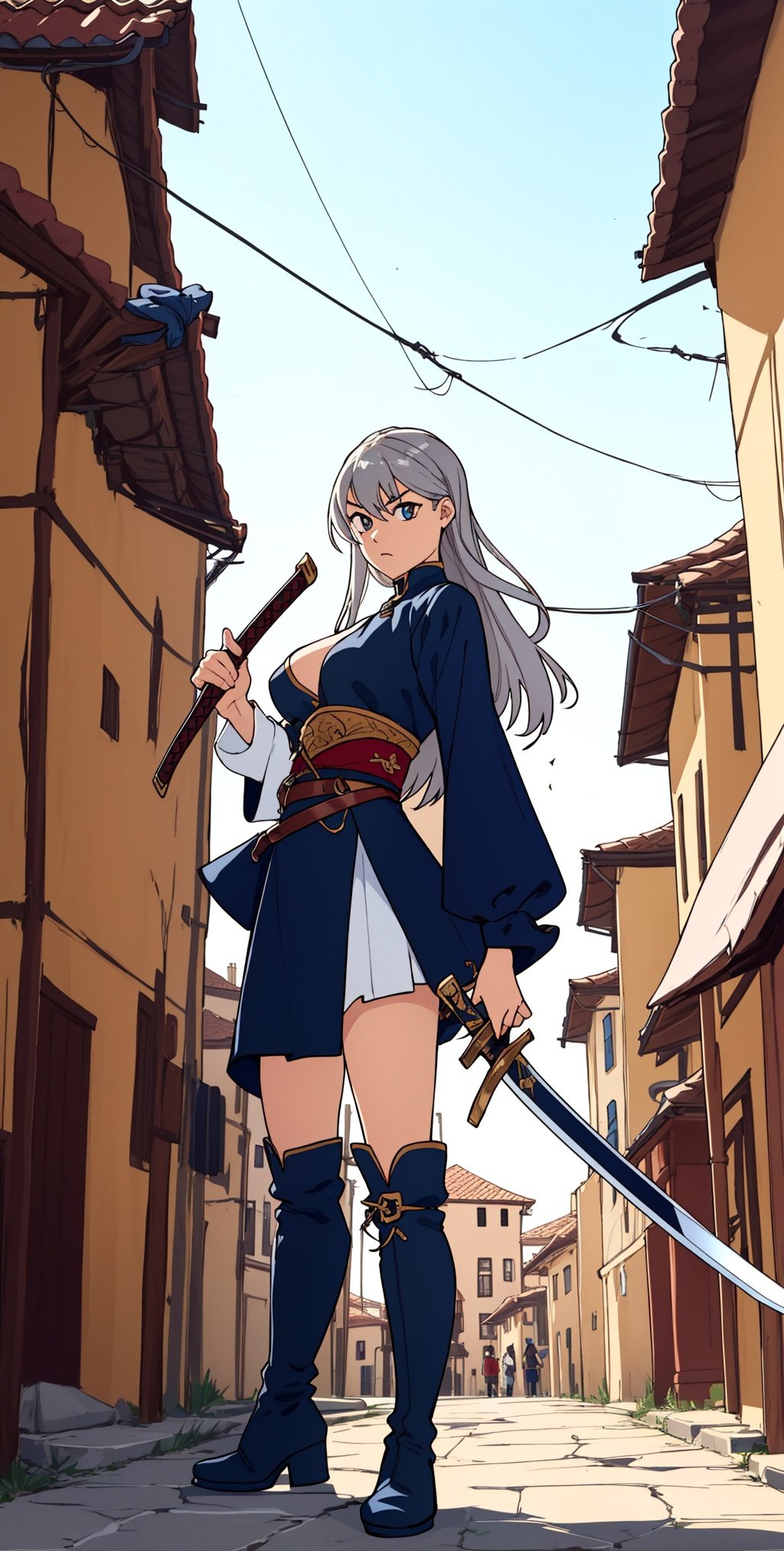 (plain lighting), 1girl, blue_eyes, boots, breasts dress, from_below, grey_footwear, grey_hair, holding, holding_sword, holding_weapon, katana, kiryuuin_satsuki, large_breasts, long_hair, long_sleeves, looking_at_viewer, sheath sheathed, short_dress, solo, standing sword, thick_eyebrows, thigh_boots, weapon, background medieval city,  