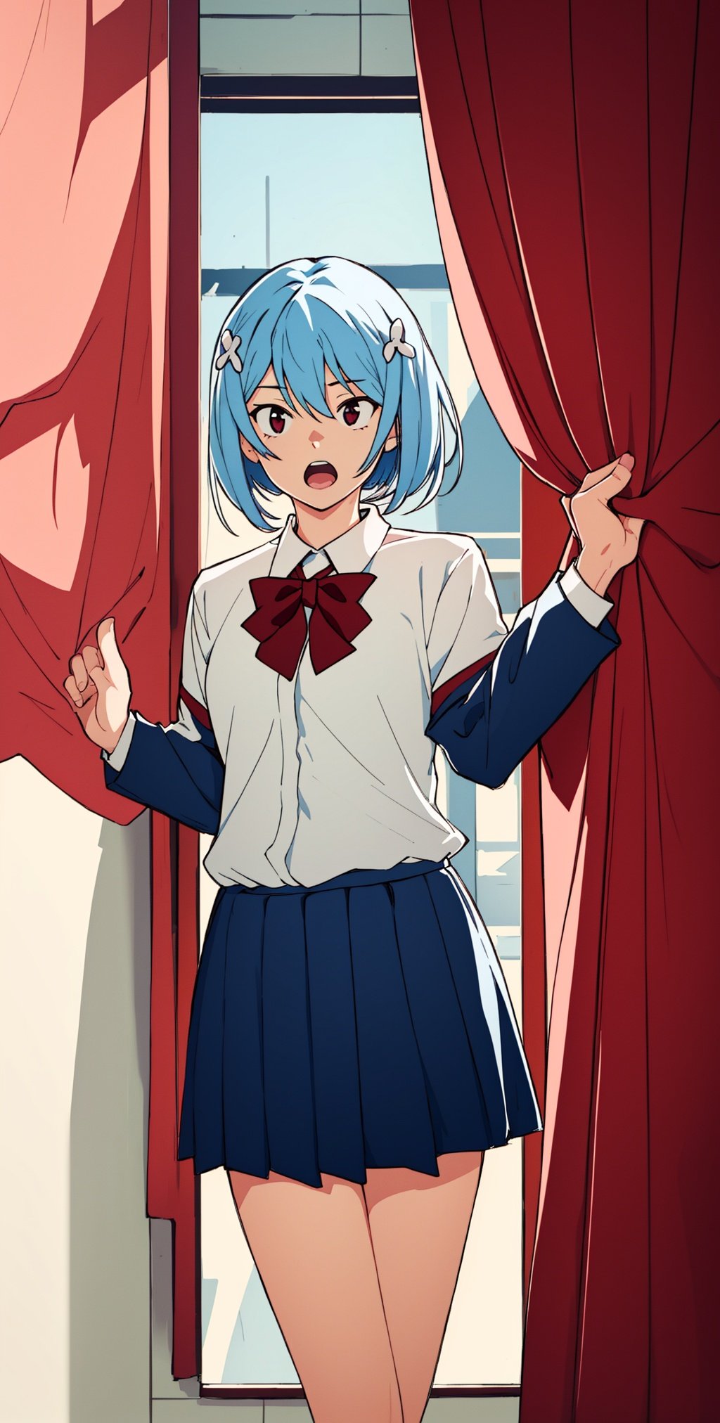 ((plain lighting):1.2), 1girl, ayanami_rei, blue_hair, open mouth, flushed, school uniform, , , half body