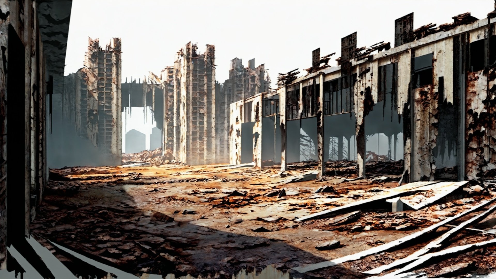 doomsday, wasteland, aberration, no humans, scenery, building, outdoors, ruins