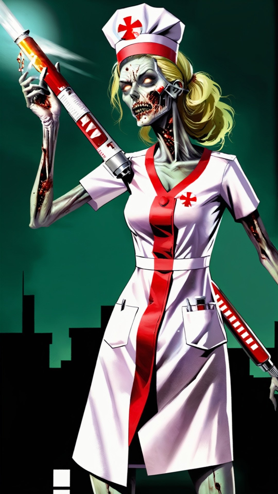 Doomsday, radiation mutants, (a distorted female nurse zombie with a giant syringe: 1.5) Hospitals, buildings, laboratories