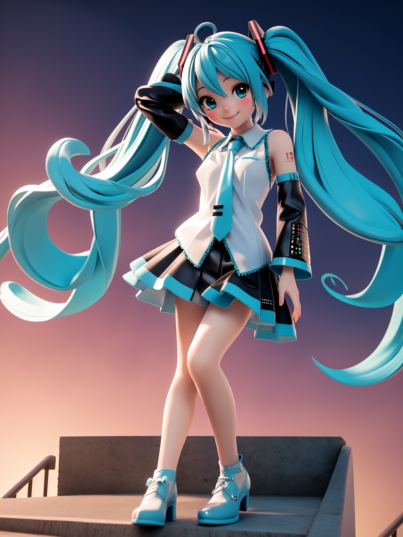 3D, pvc, render, chibi, mikudef, upper body, smile, blush, outdoors, simple background, looking at viewer, stairs, facing viewer,high lights, light aura, best quality, masterpiece, a very delicate and beautiful, (one little and cute girl at the center:1.2), (solo:1.3), outdoors